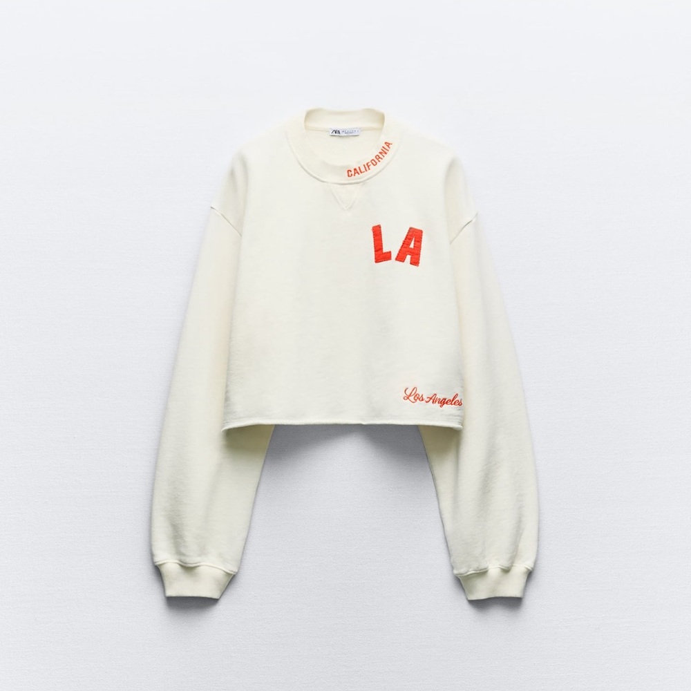 zara varsity text plush sweatshirt ecru california los angeles